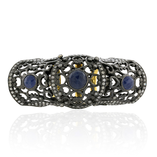 Pave Diamond Blue Sapphire Knuckle Ring