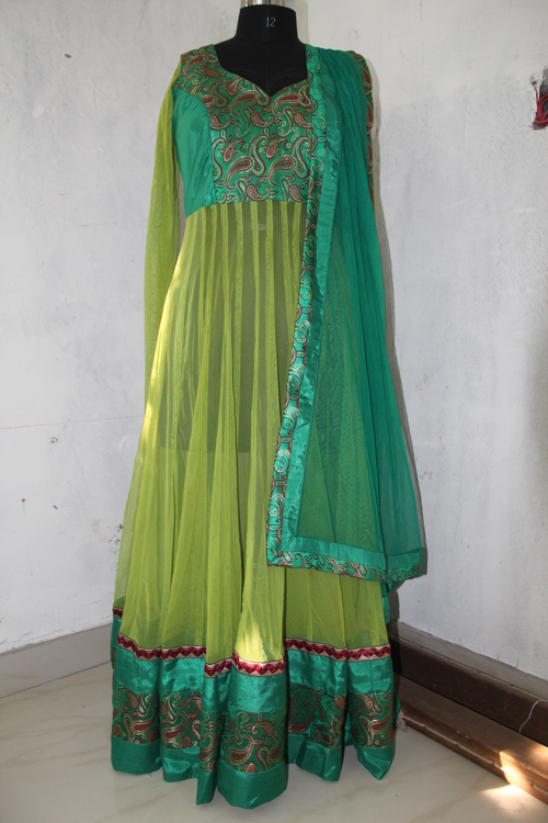 Green Pant Anarkali - Net Fabric, Ankle Length, Green, Palazzo Pant | Floral Embroidery, Elegant Design, Comfortable, Stylish Look