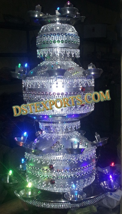 Punjabi Wedding Jago - Metal Crystal Mandap Pillar, 36 Inch Diameter, 72 Inch Height, 3 Layers, LED Lighted, Elegant Durable Design
