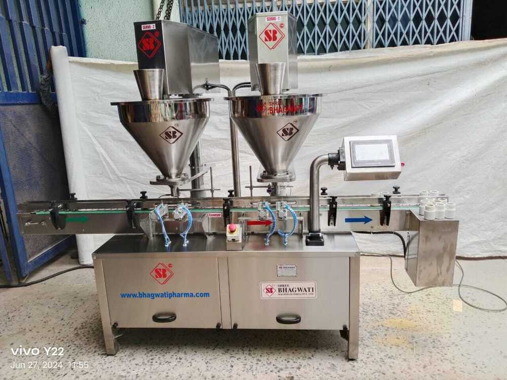 Double Head Auger Type Powder Filling Machine - Stainless Steel 10-50 Grams Fill Capacity | Automatic PLC Control Pneumatic Bottle Holding System No Bottle No Fill Technology