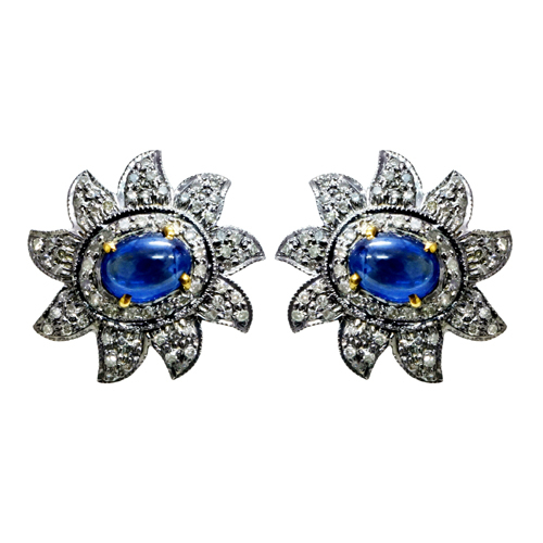 Blue Sapphire Diamond Gold Earrings - 14k Gold, 16x13 mm, Blue Sapphire, 0.58 CTS Diamond | Elegant Design, Luxury Material, Anniversary & Wedding Jewelry
