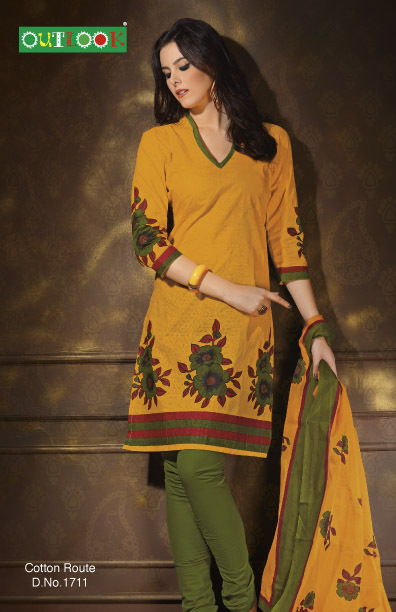 Yellow Colour Cotton Route Dress Material