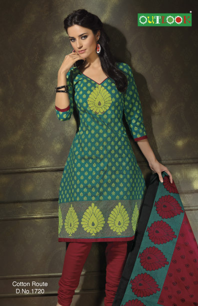 Green Colour Cotton Route Dress Material