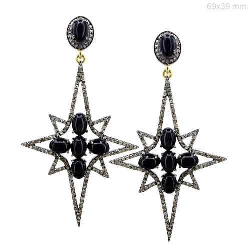 Onyx Beads Diamond Silver Earrings