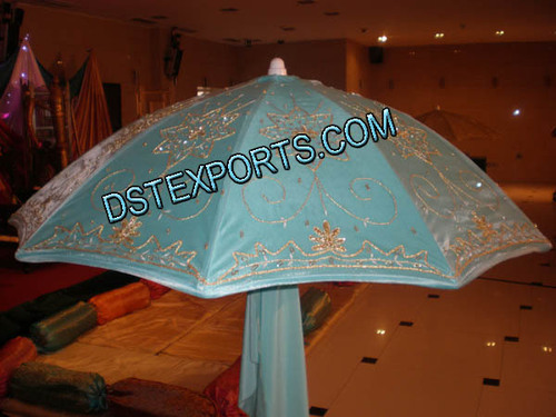 Embroidered Sky Blue Umbrella - Silk, 6ft Diameter, Wooden Handle | Floral Embroidery, Elegant Design, Durable Material