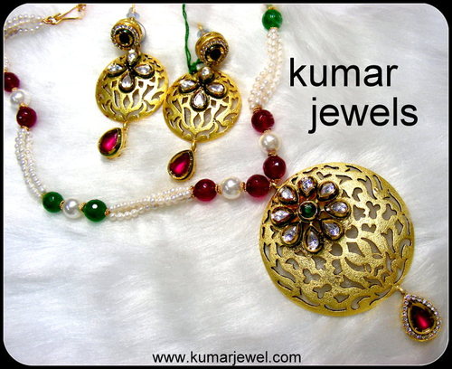 Ethnic Pendant Set - Gold 25-35 mm Pendant 10-15 mm Earrings | Kundan Work Pearls Rubies Emeralds Lightweight
