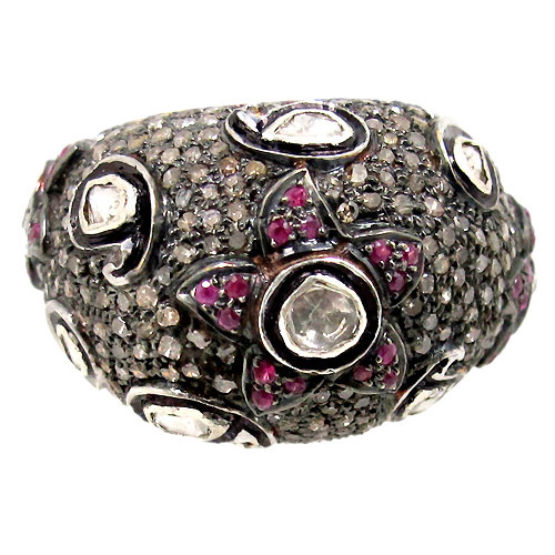 Sterling Silver Diamond Ruby Ring - 20x30 mm, 4.56 cts Diamond, 0.57 cts Ruby | Elegant Design, Fine Craftsmanship, Wedding Jewelry