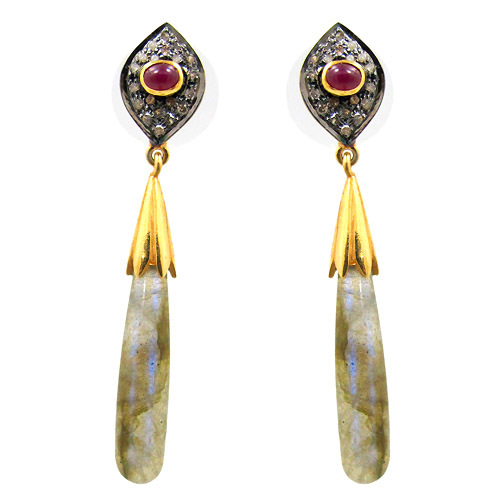 Labradorite Ruby Diamond Earrings