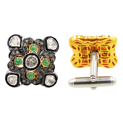 Diamond Emerald Silver Cufflinks