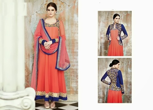 Designer Anarkali Salwar Kameez - Georgette Top, Shantun Bottom, Chiffon Dupatta, Free Size, Lace Resham Stone Work