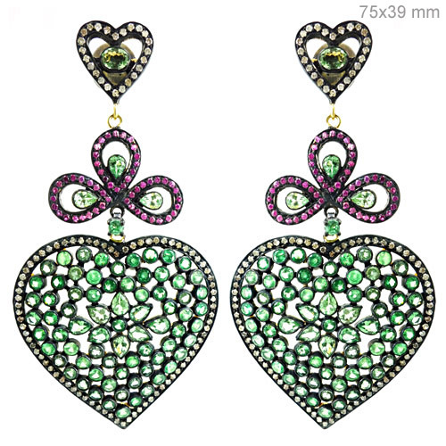 Tsavorite Pink Sapphire Diamond Gold Earrings