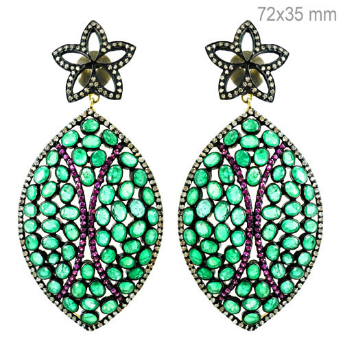 Emerald Ruby Diamond Gold Earrings