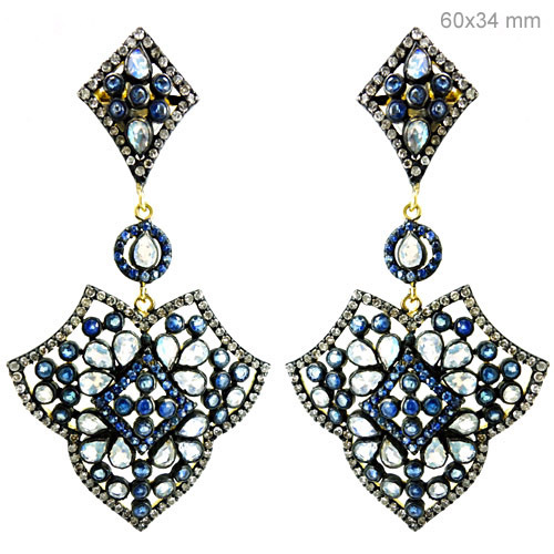 Moon Stone Sapphire Diamond Gold Earrings