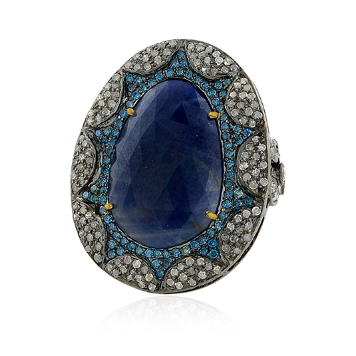 Diamond Gemstone 18k Gold Ring Jewelry - 18k Gold 925 Silver, Blue Sapphire 10.30ct, Diamond Pave 1.75gm, Handcrafted Victorian Style