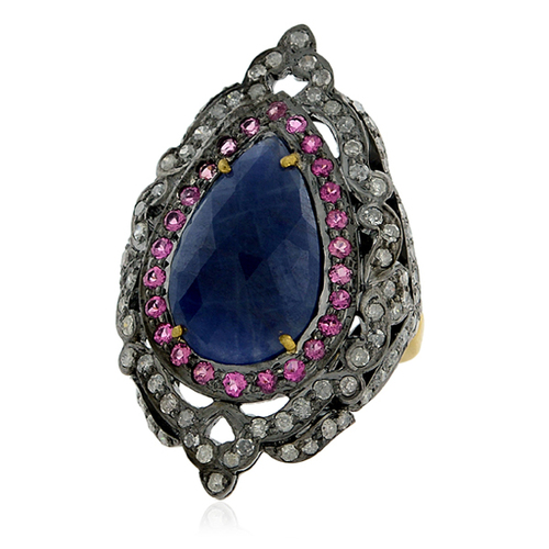 Diamond Gemstone Gold Ring Jewelry - 18K Solid Gold 925 Sterling Silver, Pink Tourmaline Blue Sapphire 6.11 Ct, Handcrafted Diamond Studded