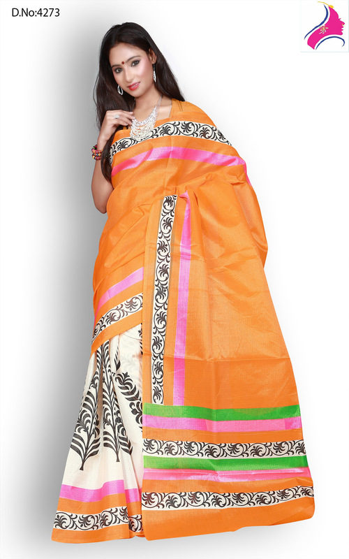 Exclusive White Jute Silk Designer Printed Saree