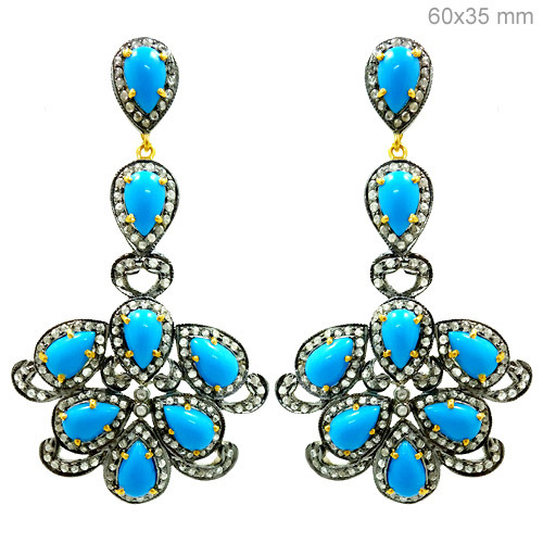 Pave Diamond Turquoise Gold Earrings