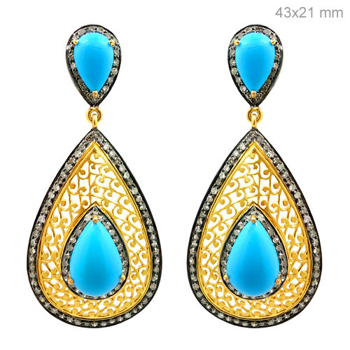 Gold Pave Diamond Turquoise Earrings
