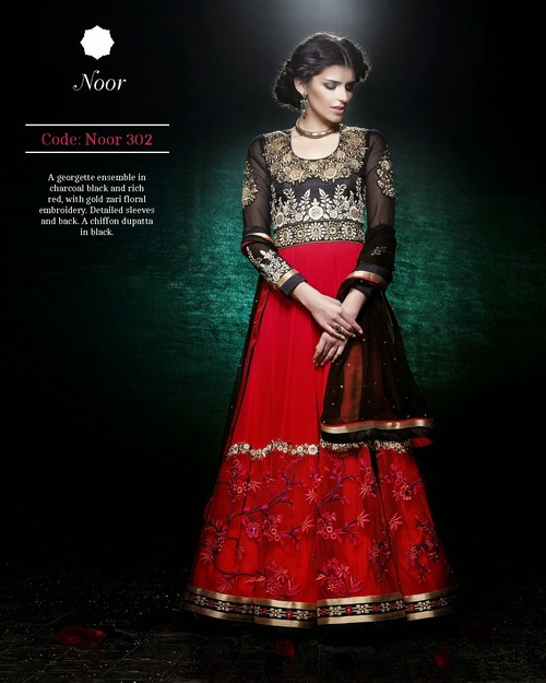 Red & Black Long Anarkali Salwar Suit - Georgette Fabric, Red & Black, Long Length | Embroidered Work, Elegant Design, Dry Clean Only