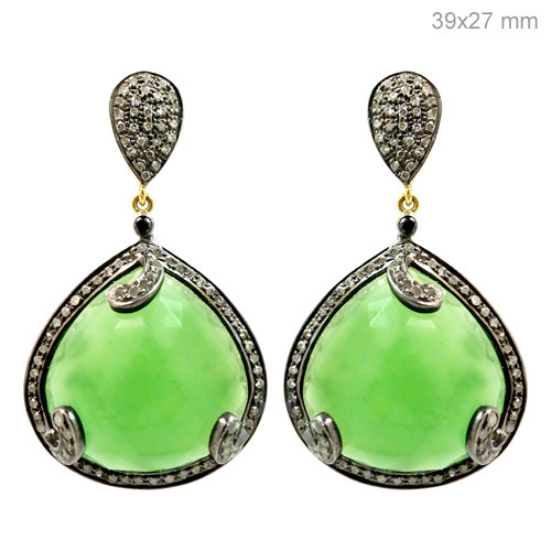 Diamond Chrysoprase Gold Earrings - 14k Gold, 39x27mm, Chrysoprase Green, 1.52cts Diamond, 51.95cts Stone, Silver 7.256gms, Elegant Handcrafted Design
