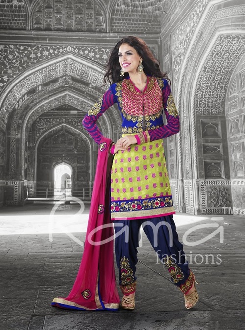 Punjabi Salwar Suit - Georgette Fabric, Blue & Green | Embroidery, Elegant Design, Party Wear, Comfortable Fit