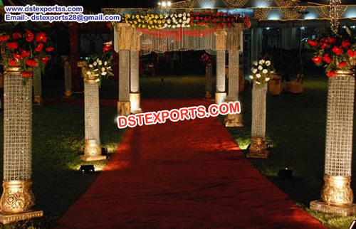 Indian Wedding Aisleway Crystal Pillars - Fiberglass, Customizable Size, Clear Color, Gold Base | Elegant Design, Durable, Deco Painted Finish, Unbreakable