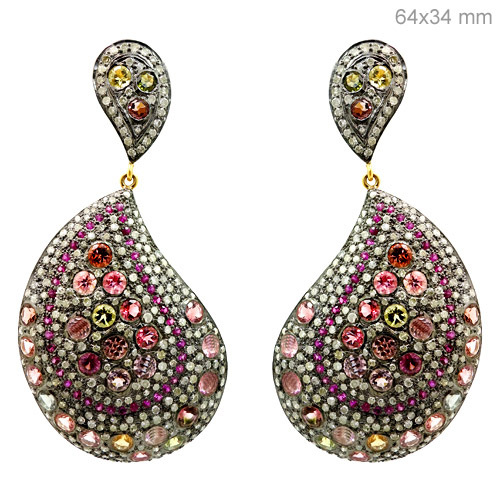 Diamond Pink Tourmaline Ruby Gold Earrings
