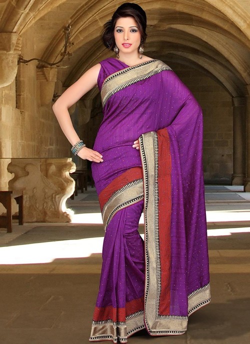 Purple Crystals Adorned Art Silk Saree