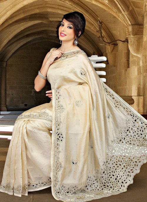 Beige Pure Dupion Silk Cut Work Enhanced Saree