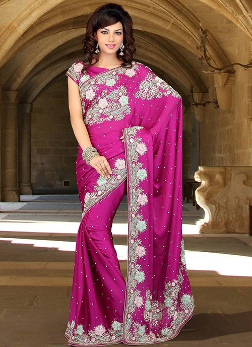 Magenta Shade Satin Chiffon Saree