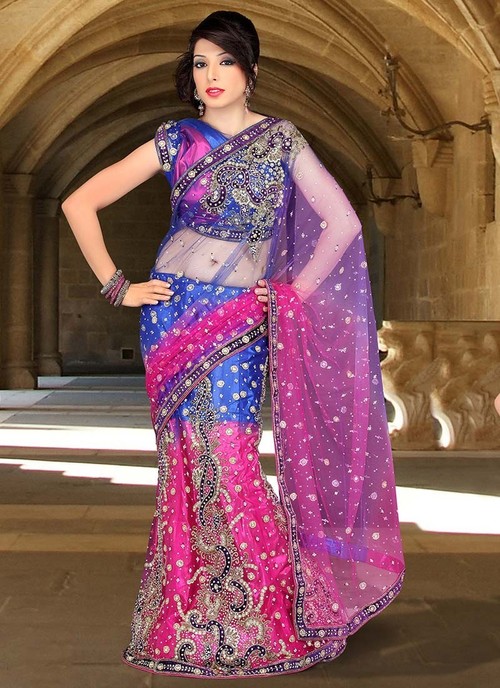 Pink And Royal Blue Shade Net Lehenga Saree