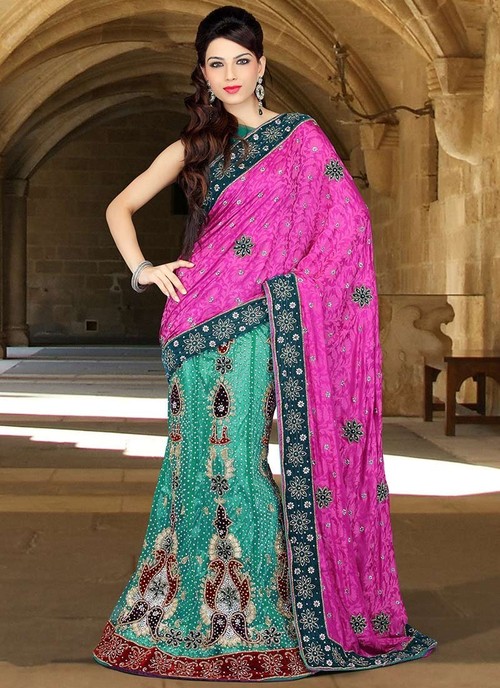 Crystals Adorned Net And Art Silk Lehenga Saree