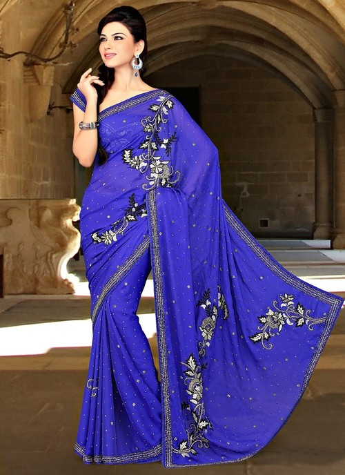 Blue Resham Enhanced Chiffon Satin Saree