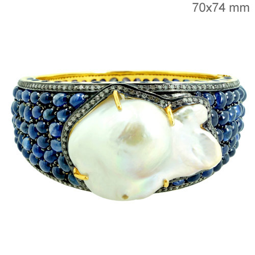 Sapphire Pearl Diamond Gold Bangle