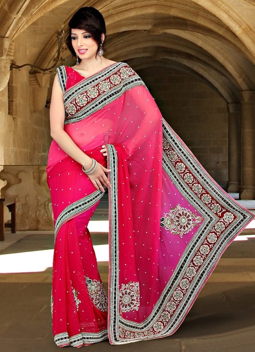 Pink Shaded Crystals Enhanced Viscose Saree