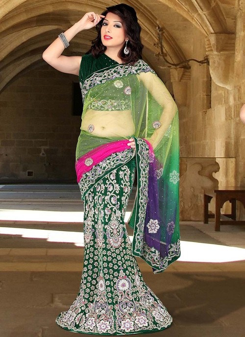 Green Crystals Enhanced Velvet Lehenga Saree