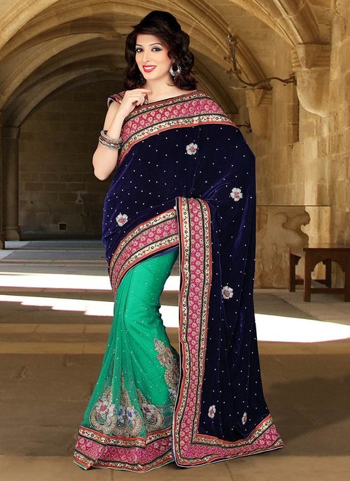 Green And Navy Blue Shade Net And Velvet