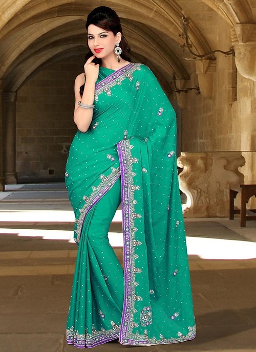 Green Chiffon Satin Saree