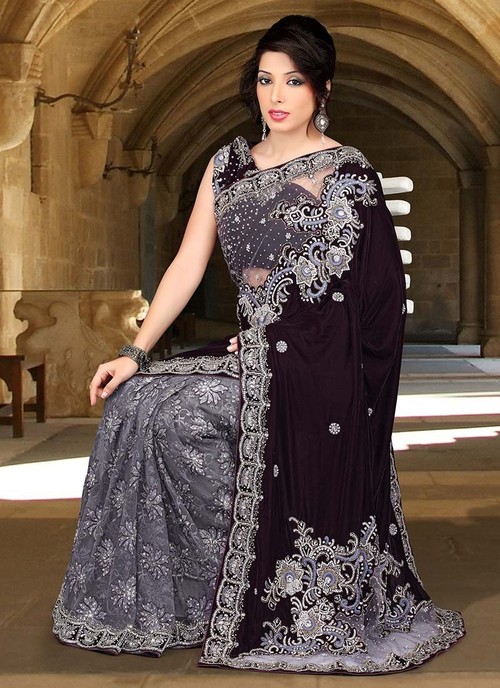 Grey And Deep Brown Net And Velvet Saree