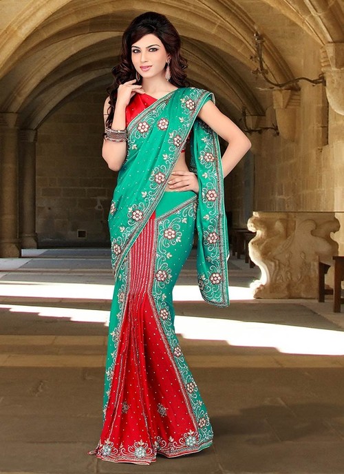 Green And Red Chiffon Ready Pleated Saree