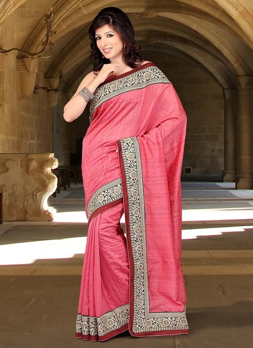 Peach Art Silk Embroidered Saree