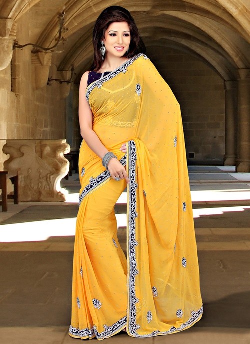 Yellow Stones Enhanced Georgette Saree