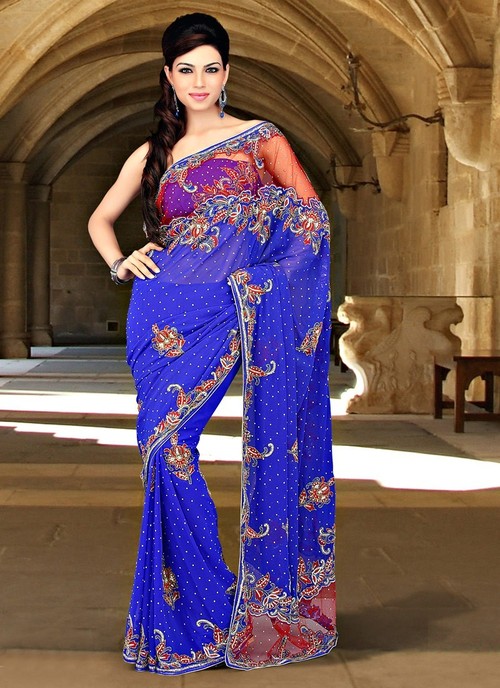 Blue Crystal Adorned Georgette Saree