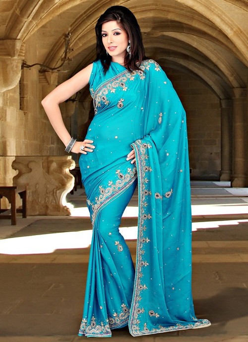 Blue Crystal Enhanced Chiffon Satin Saree