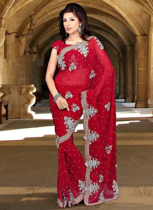 Red Stone Enhanced Faux Chiffon Saree - Faux Chiffon, 5.5m, Red | Stone, Bead & Crystal Embellishments, Scalloped Border, Matching Blouse