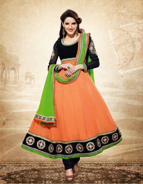 Georgette Salwar Suits - Georgette Top, Shantoon Bottom, Chiffon Dupatta | Free Size, Embroidery Work, Custom Stitching