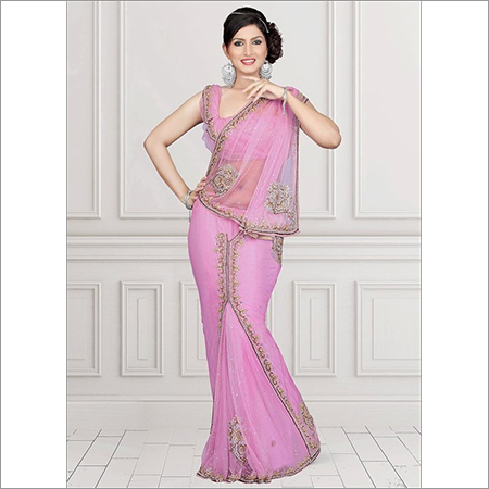 Pink Net Ready Pleated Saree