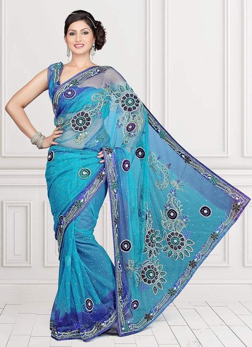 Turquoise Net Saree