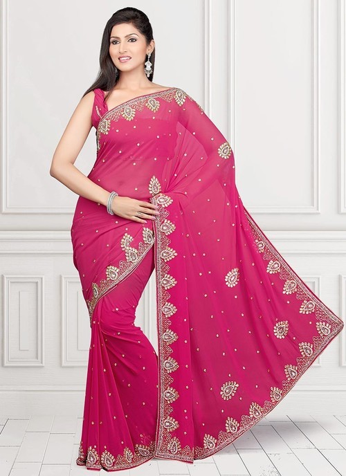 Pink Embroidered Saree - Faux Chiffon, 5.5 Meters, Pink | Crystal Embellishments, Paisley Motifs, Matching Blouse