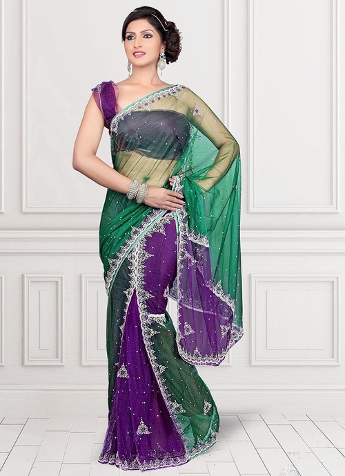 Green And Violet Net Ready Pleated Saree
